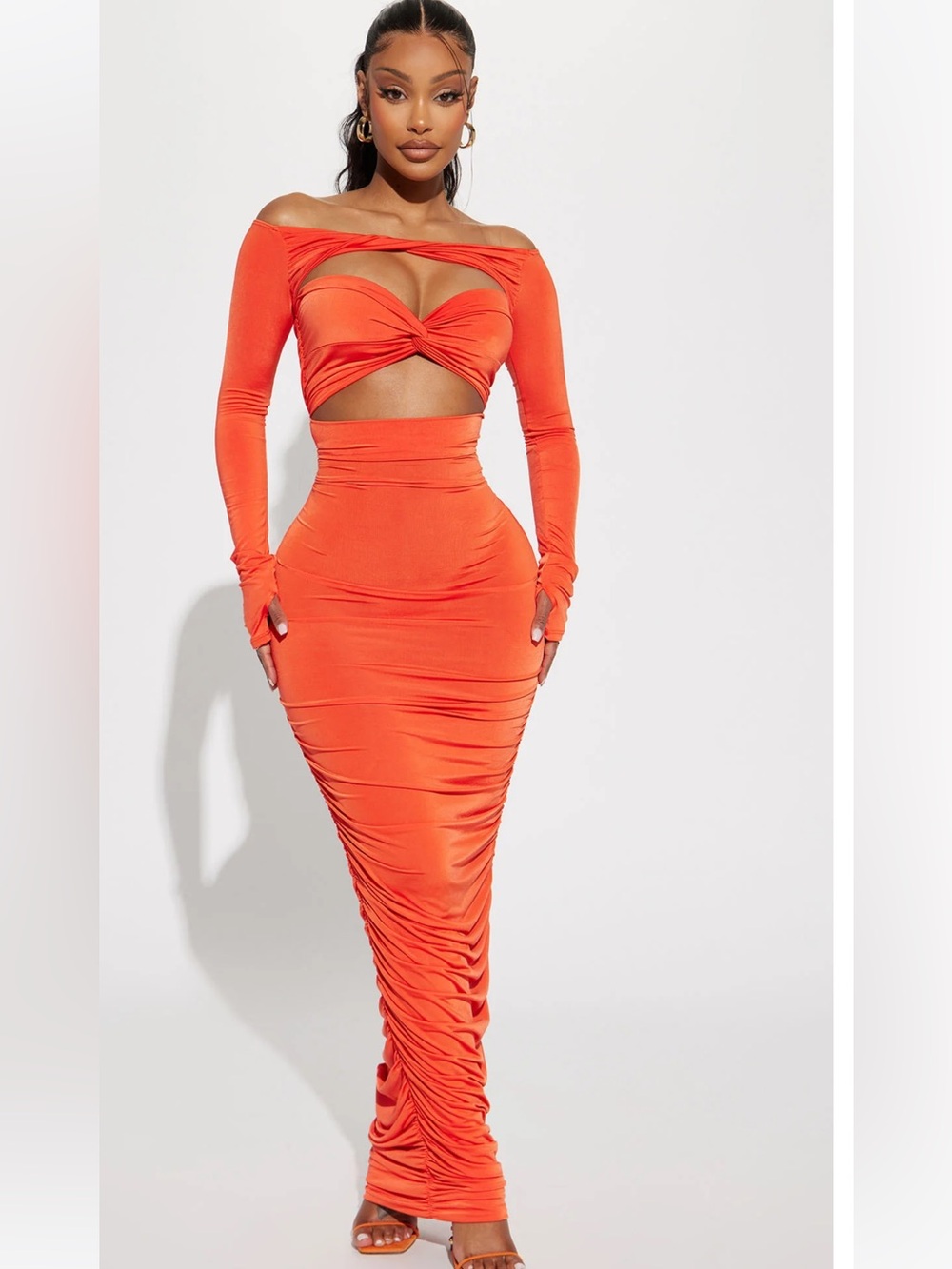 Fashion Nova Orange Off-Shoulder Cutout Ruched Maxi Dress